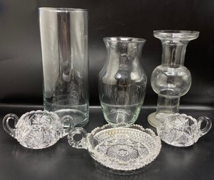 2 Vintage Cut Crystal Candy Bowls. Creamer & 3 Glass Vases