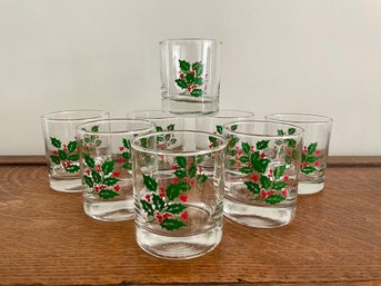 Set Of Eight Vintage Holly Decorated Juice Glasses