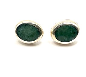 Vintage Mexican Sterling Silver Polished Green Agate Inlay Stone Earrings