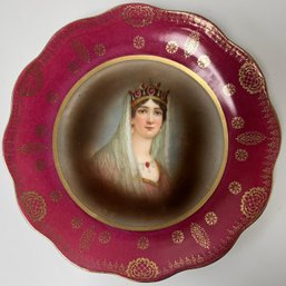 Antique Portrait Plate Of Regal Lady - Schwarzburg Porcelain - Unsigned - Hand Painted - Germany - 12 Inches