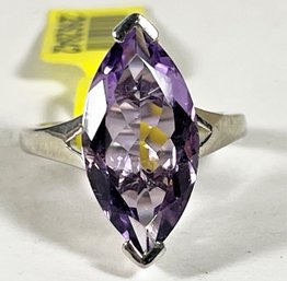 Contemporary Sterling Silver Large Amethyst Marquis Shape Stone Ladies Ring Size 7