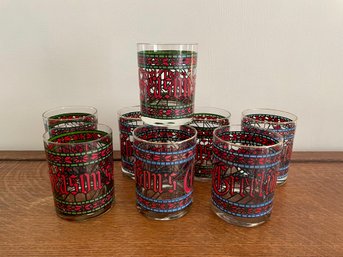 Eight Vintage Season's Greetings Holiday Old Fashioned Glasses By Houze Glass Company