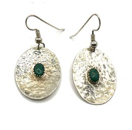 Vintage Sterling Silver Malachite Stone Hammered Dangle Earrings