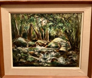 Vintage Forest Stream Oil On Canvas Signed