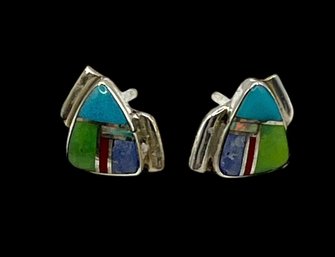 Vintage Sterling Silver Multi Stone Inlay Stud Earrings