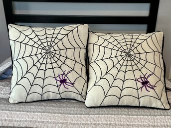 Pair Of Matching Throw Pillows With Spiderweb & Purple Spider / Solid Black Back