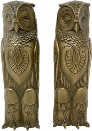 Vintage Solid Brass Wall Mounted Owl Sculptures, Set Of 2