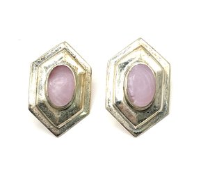 Vintage Large Sterling Silver Pink Opal Color Inlay Earrings