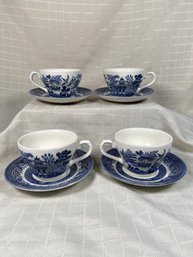 Set Of 4 Blue Willow Tea Cup And Saucer England No Chips