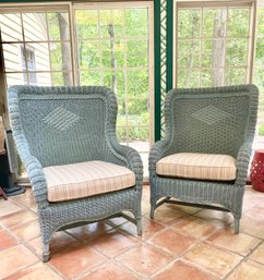 Pair Of Early 20th Century Light Green Painted Wicker Chairs By Hickory Chair