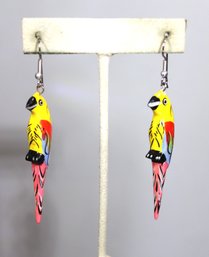 1980s Painted Carved Wood Parrot Pierced Earrings