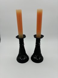 Pair Of Vintage Wrought Iron Pillar Candle Holders With Floral Bohemian Details