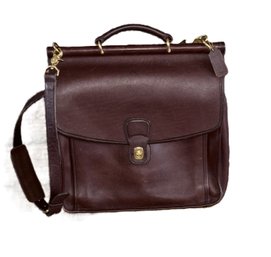 Coach Dark Brown Leather Laptop Briefcase With Handle, Shoulder Strap And Single Clasp Closure