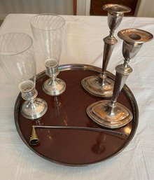 Sterling Candlesticks & Mid Century Serving Tray With Candle Snuffer