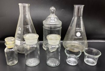 7 Vintage Apothecary Jars & Covered Canisters By Pyrex, T.C.W. Co, Wagner & More