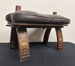 Vintage Camel Saddle Footstool With Leather Cushion