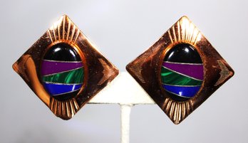 Southwestern Copper Clip Earrings Inlaid Stones