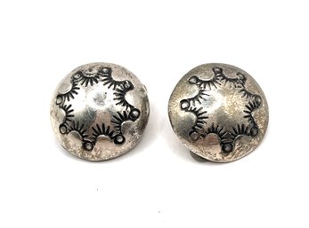 Vintage Sterling Silver Etched Clip On Circle Earrings