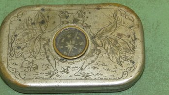 Old Tin Rose Leaf Chewing Tobacco Case With Compass