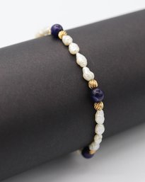 Wonderful Blue Lapis, Fresh Water Pearls, & 14k Yellow Gold Bead Bracelet