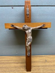 Vintage INRI Jesus Crucifix Cross Candle Holy Water Secret Compartment Wood/Metal.  Measures 8 5/8' X 14 14'.