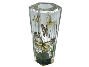 Boho Style By UNIQUE Of Canada Lucite / Acrylic Hexagonal Vase With Floating Butterflies & Ferns.