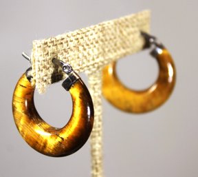 OAUR STERLING SILVER CONTEMPORARY TIGER'S EYE HOOP PIERCED EARRINGS