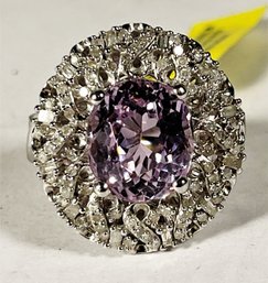 Large Sterling Silver Amethyst And Diamond Dinner Ring Size 6