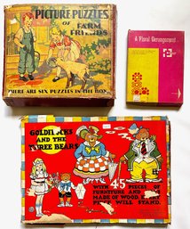 2 Vintage Puzzles: Set Of 6 Farm Puzzles, Goldilocks & Block Game