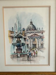 Signed Hand-Colored Engraving Vatican Trevi Fountain  At St. Peters Square