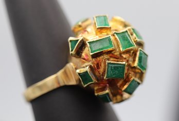 Mid Century Sputnik Dome Emerald & 18k Yellow Gold Statement Ring