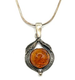 Vintage Italian Sterling Silver Smooth Chain With Amber Ornate Pendant