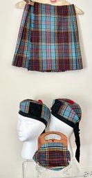 1950's Young Girl's Tartan Wool Kilt Ensemble: Kilt, 2  Glengarry Hats, Matching Purse Dry Cleaned/Stored