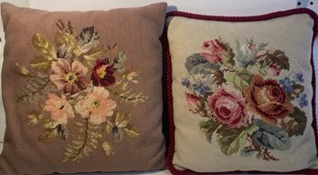 2 Vintage Floral Needlepoint Throw Pillows