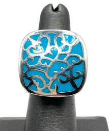 Beautiful Designer Stainless Steel Turquoise Color Ornate Square Ring, Size 6