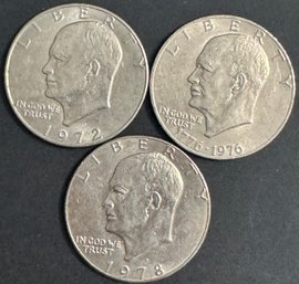 3 Eisenhower Dollars 1972-D, 1976, 1978-D