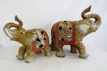 A Pairing Of Porcelain Ceramic Elephant Figurines - Trunks Pointed Up