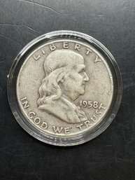 1958-D Benjamin Franklin Silver Half Dollar