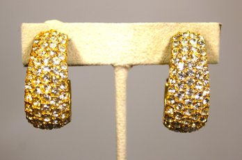 Pair Fine Signed CINER Gold Tone And White Rhinestone Oval Hoop Clip On Ear Clips