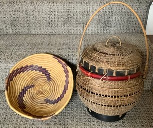 Vintage Asian Hand Woven Lidded Basket & Hand Woven Bread/fruit Storage Basket