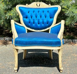 A Fab Vintage Hollywood Regency Tufted Arm Chair In Painted Fruit Wood And Shantung Silk