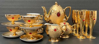 Vintage Dessert Coffee & Wine Set For 6 - Flores Bavaria - Art Glass - Gold Finish Embossed Red Jewel - Bling