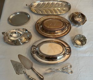 10pc Silver Plate Serving Piece Lot - Gorham, Crescent, Leaf Platter, Wine Holder, Gravy Boat