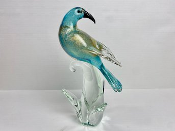 Murano Glass Blue And Gilt Fleck Bird Sculpture