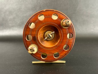 A Vintage Fishing Reel In Wood & Brass #3