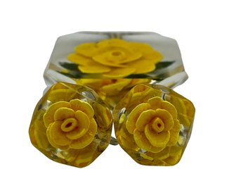 Vintage Lucite Reverse Carved Necklace Pendant & Screw-back Earrings With Painted Yellow Roses