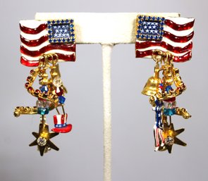 Pair Lunch At The Ritz Enamel Americana American Flag Pierced Earrings