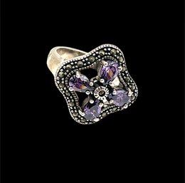 Beautiful Vintage Sterling Silver Marcasite With Amethyst Stone Ring, Size 7.75