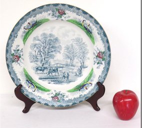 Portieux Vallerysthal France Quail Rimmed Charger 12.75' Diameter Bright Colors C.1900 Transferware