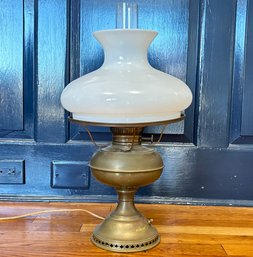 An Antique Brass Hurricane Lamp - Fitted For Electricity